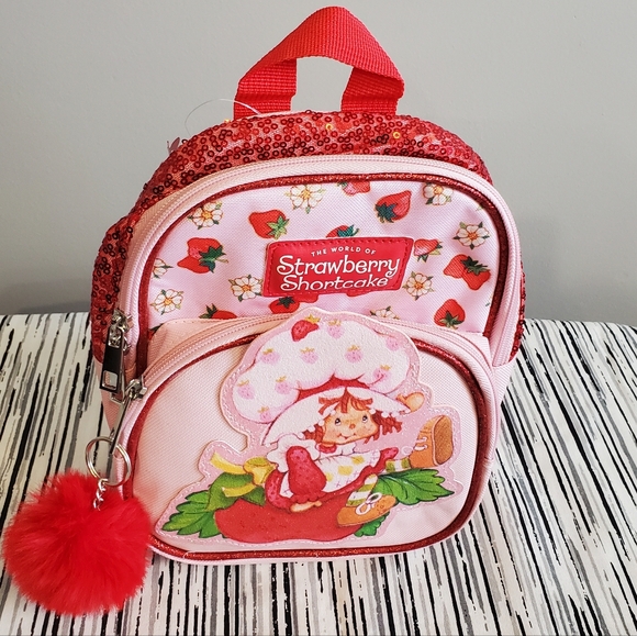Strawberry Shortcake Mini Sequins Pink Backpack with Pom Pom - Picture 2 of 9
